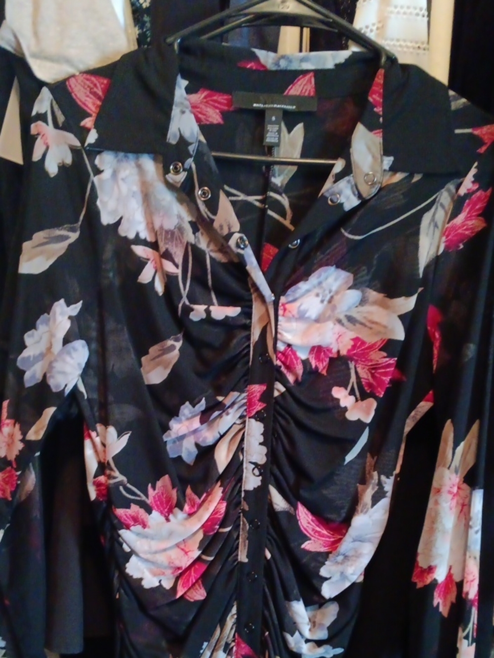 White House Black Market Black Floral Ruched Button-Front Blouse
